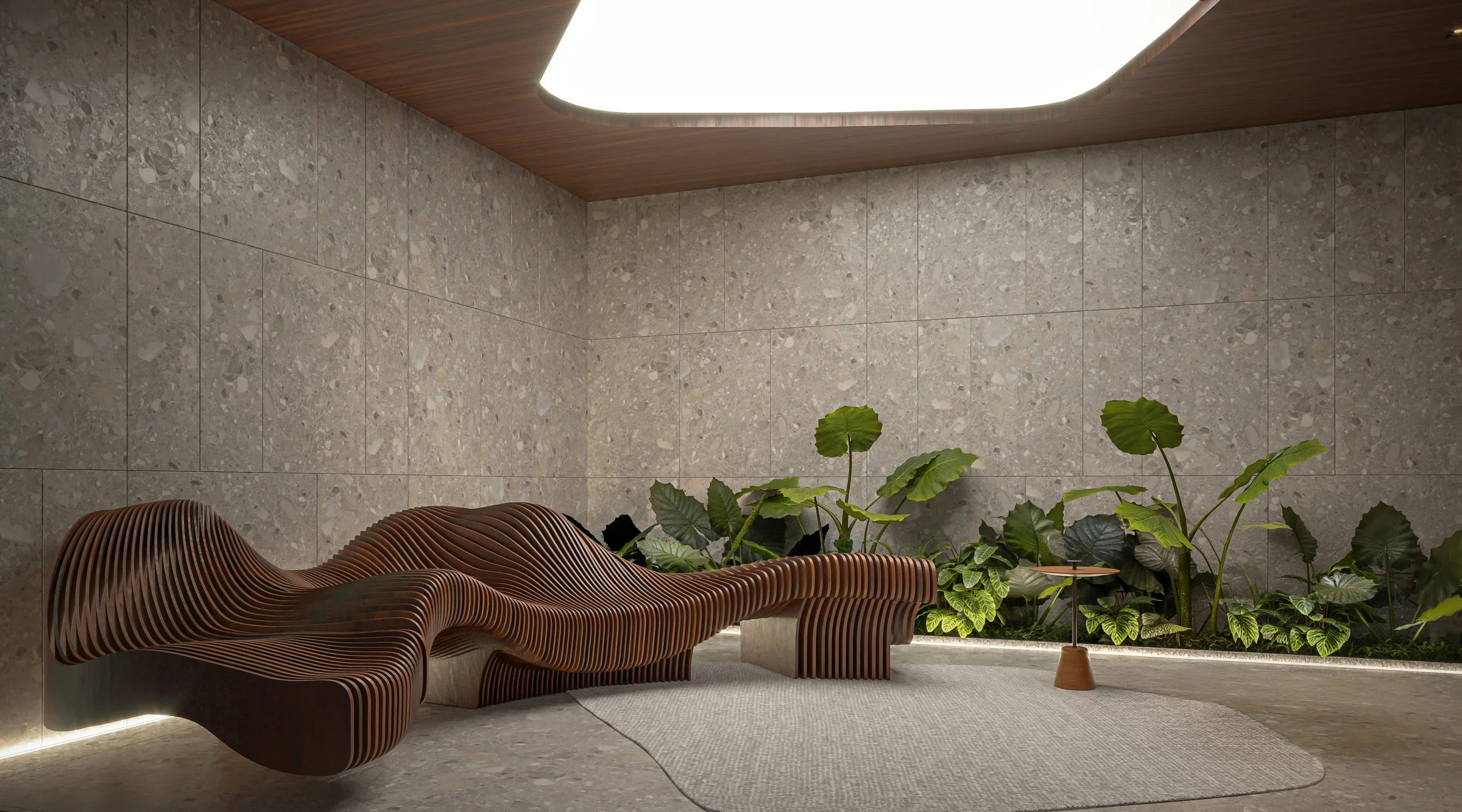 Lobby social com design biofílico e mobiliário autoral