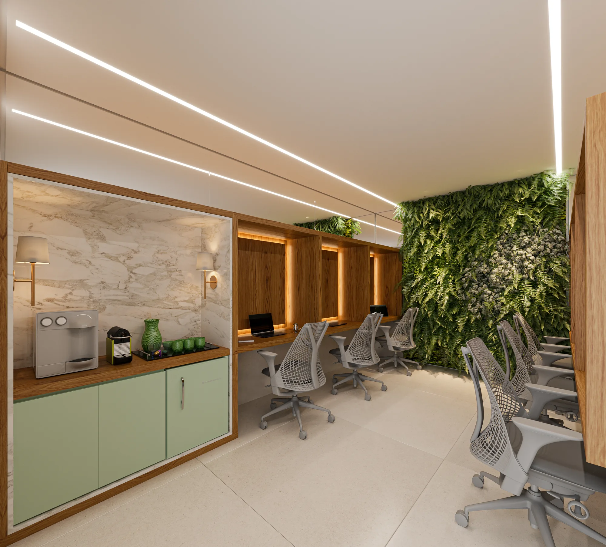 Atmos City Design — área comum — Coworking com jardim vertical