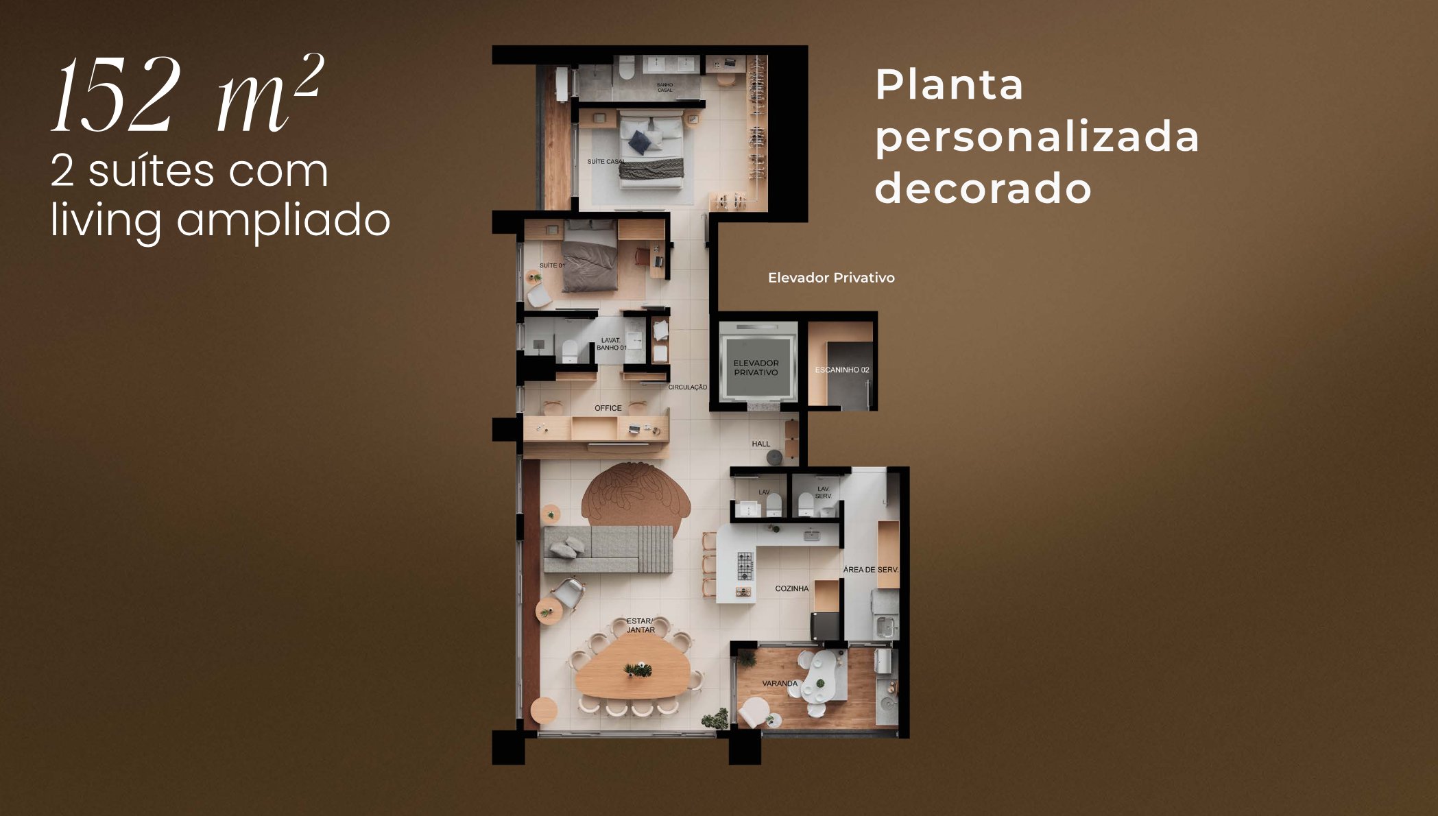 Planta — 2 suítes com living ampliado