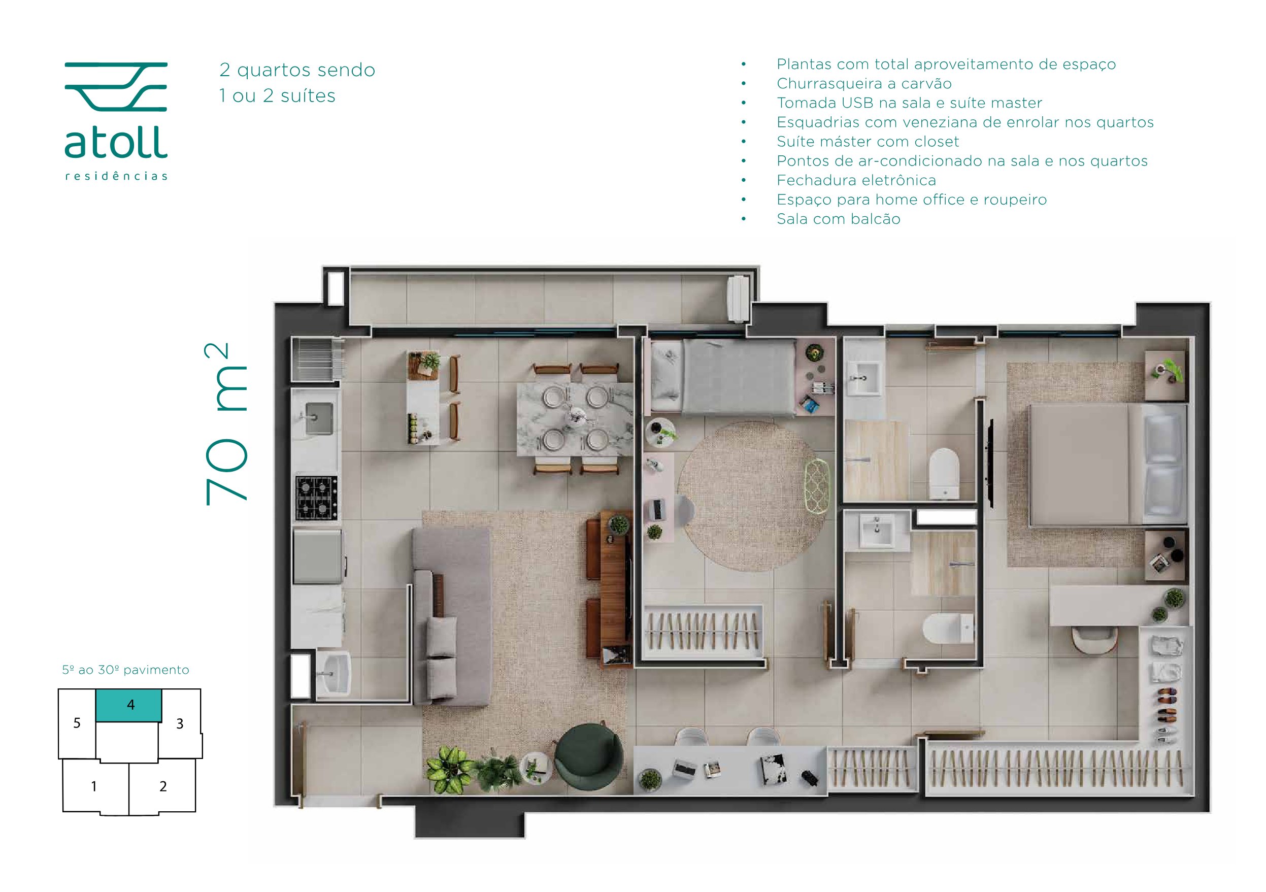 Planta — Apartamento 70m² (2 quartos, 1 suíte)