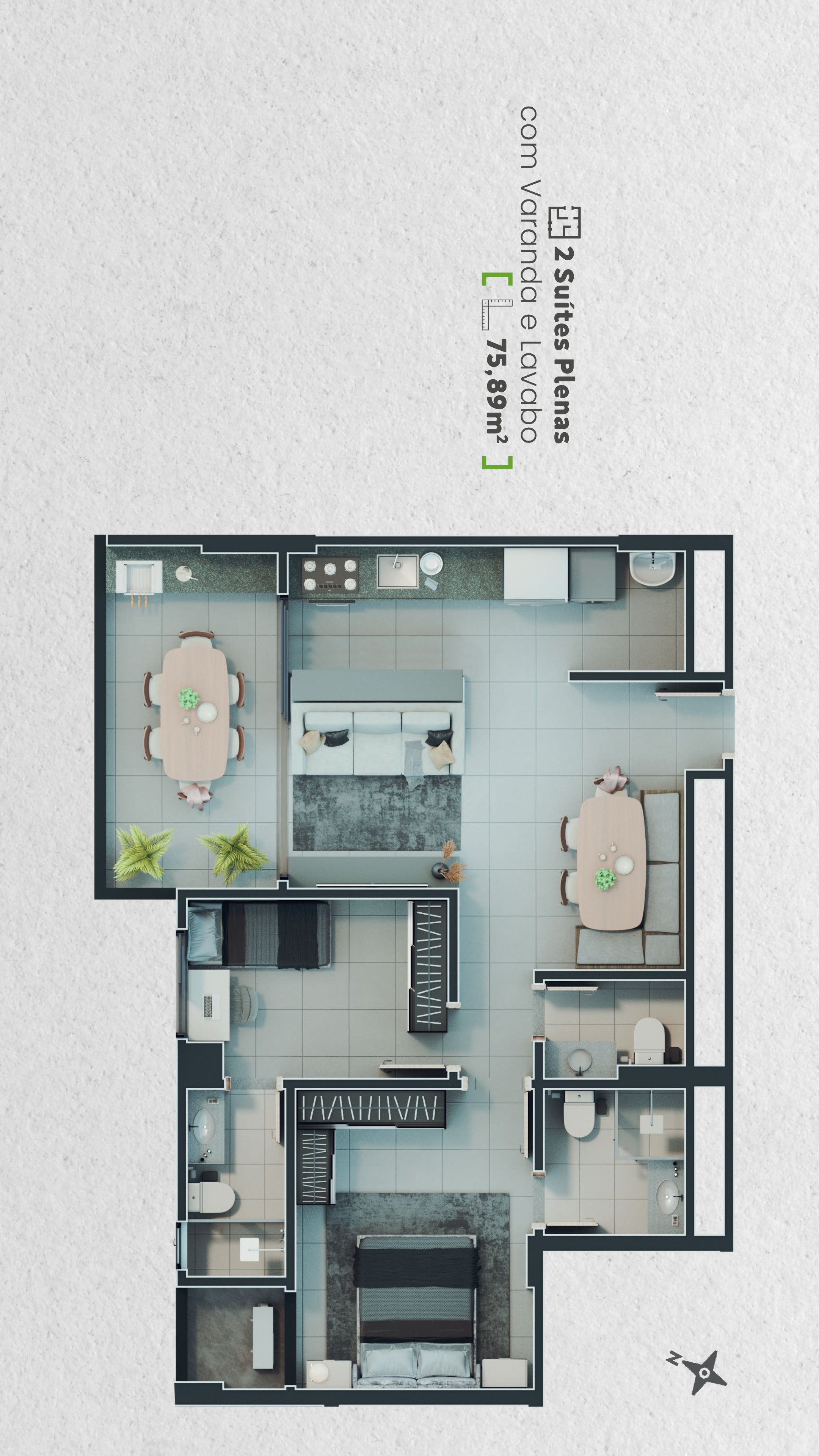 Planta — 2 Suítes Plenas com Varanda e Lavabo