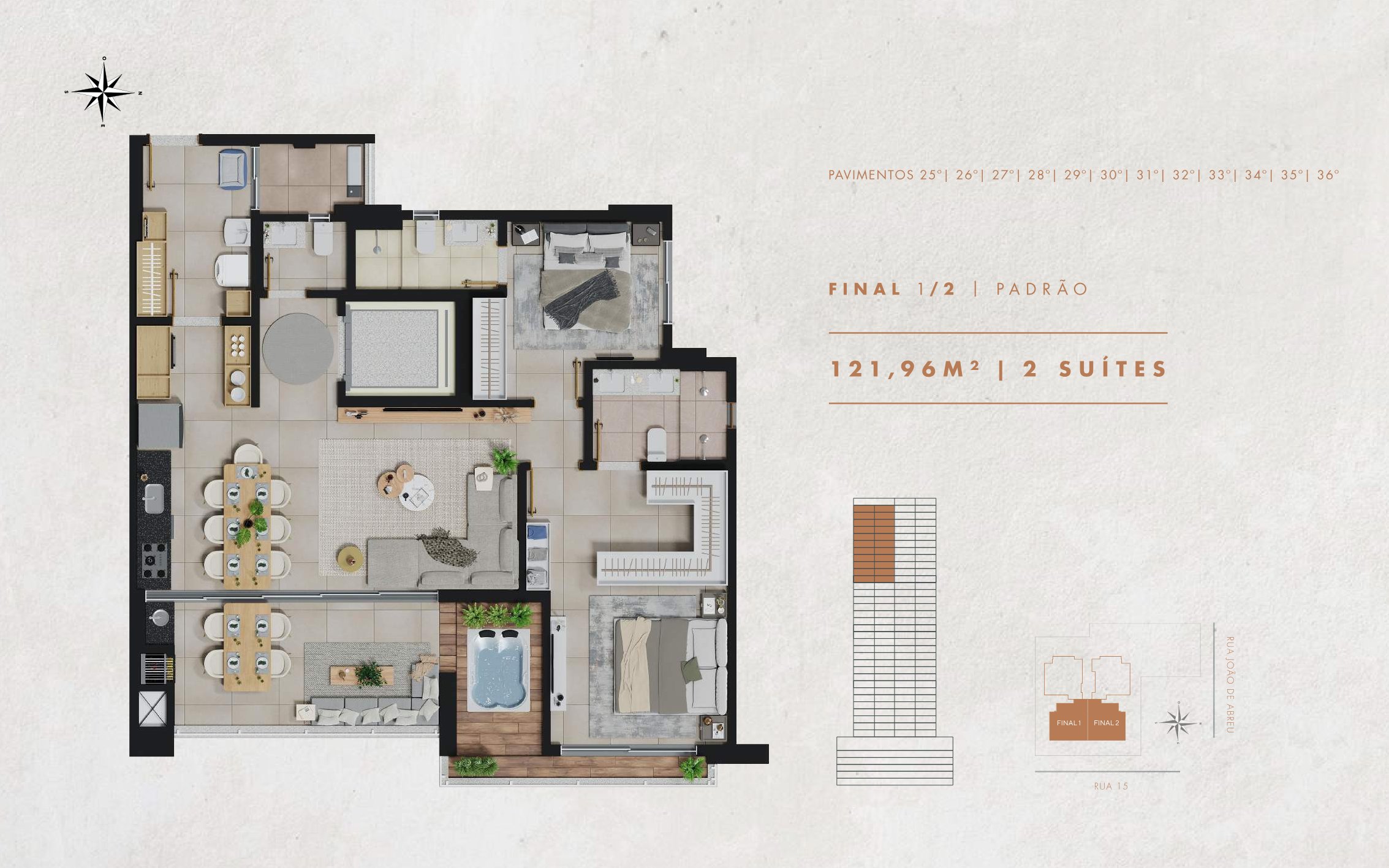 Planta — 2 Suítes + Hidro (121,96m²)