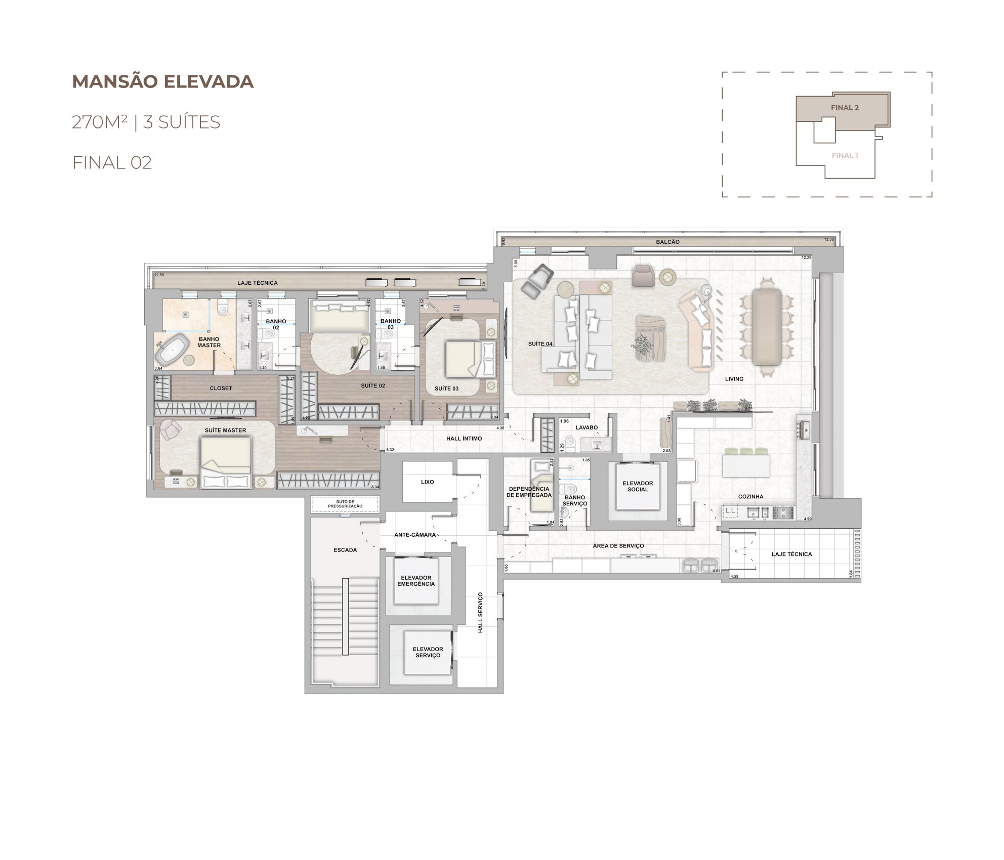 Planta — Mansão Elevada 270m² (3 Suítes)