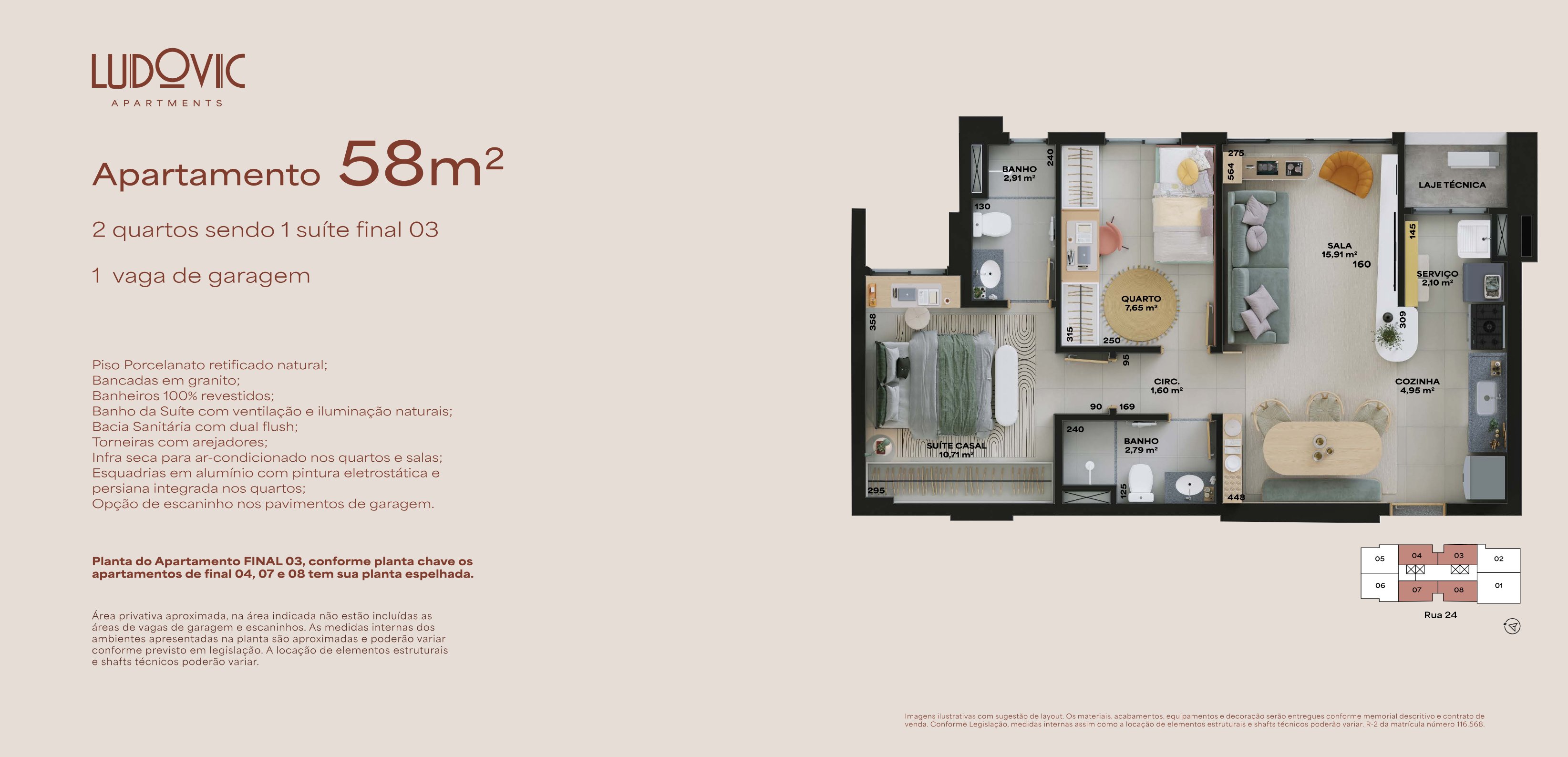 Planta — Apartamento 58 m² (2 quartos, 1 suíte)