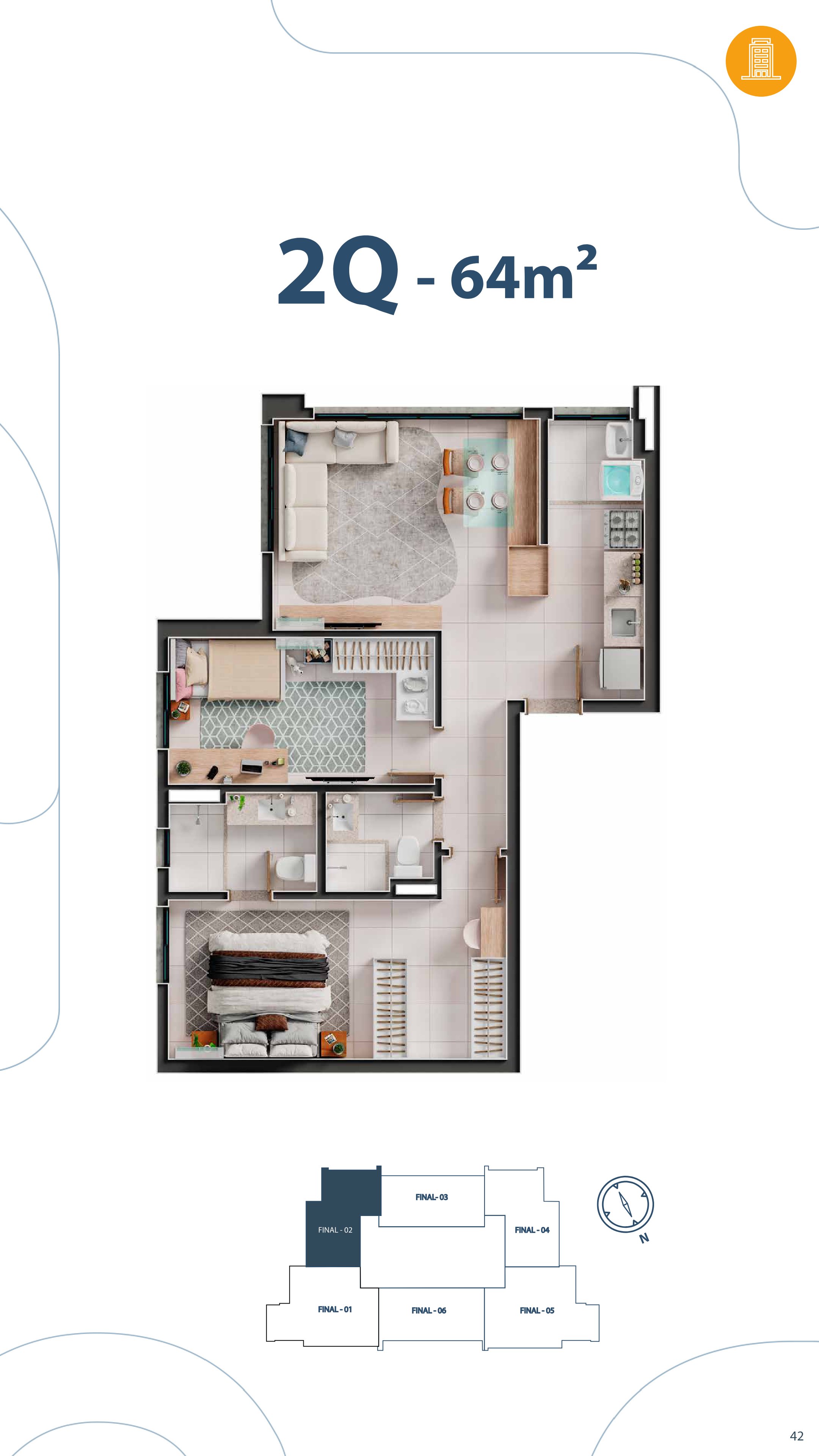 Planta — Apartamento 2 Quartos (64m²)