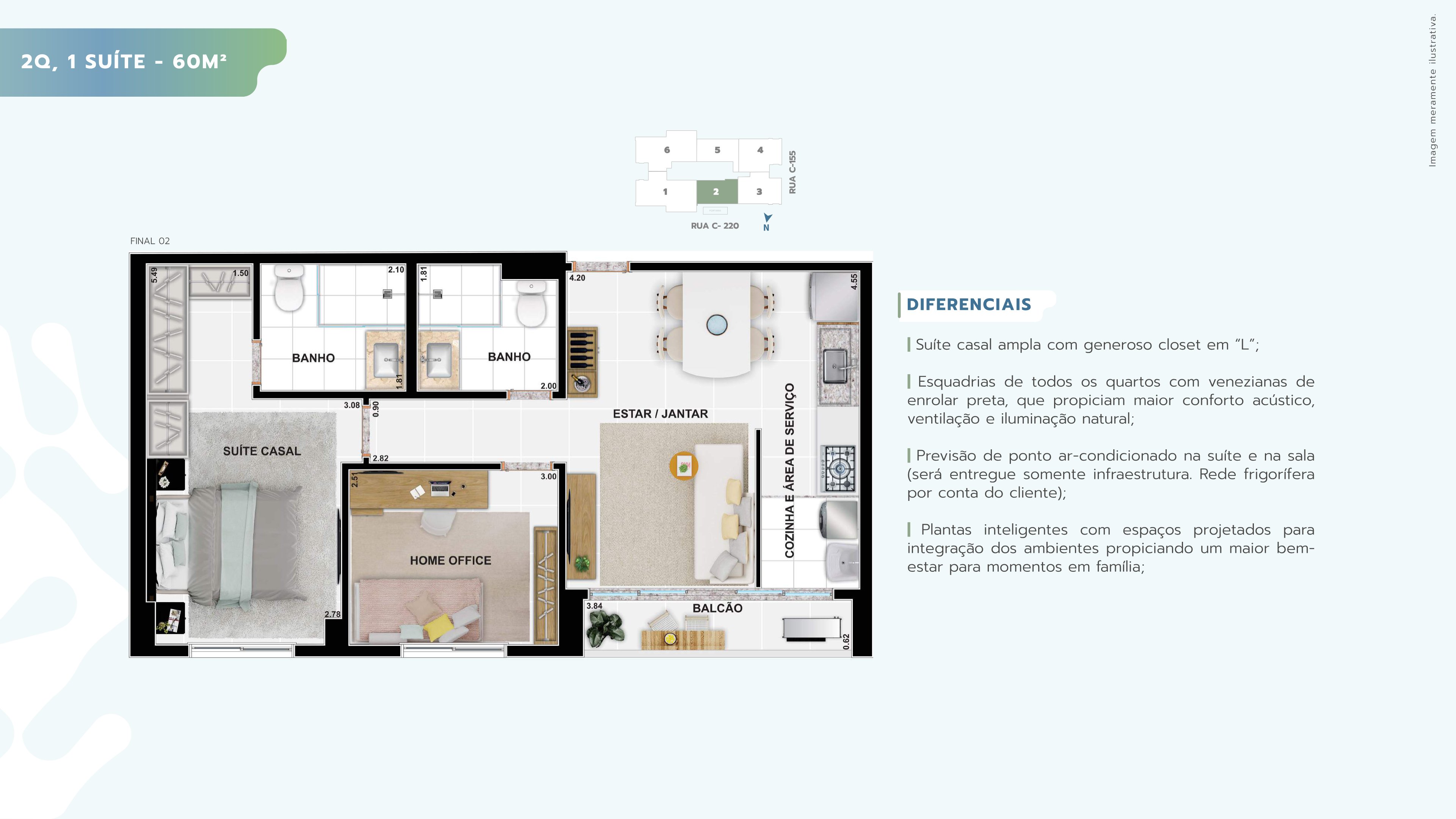 Planta — 2 Quartos, 1 Suíte